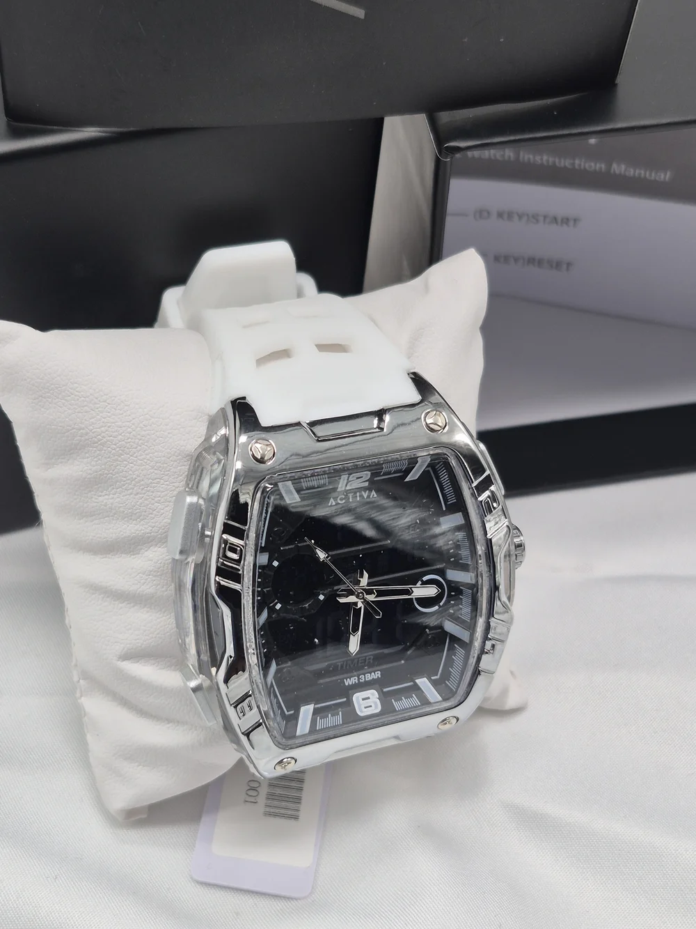 Activa Men's Black Dial Watch with White Silicone Strap